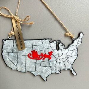 Santa Stop Here Tin US Map Hanging Large Ornament Red Santa Reindeer 6 X 3 In
